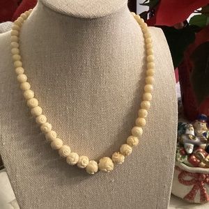 Vintage 20s Graduated Hand-Carved (probably faux) Ivory Bead Necklace (read all)